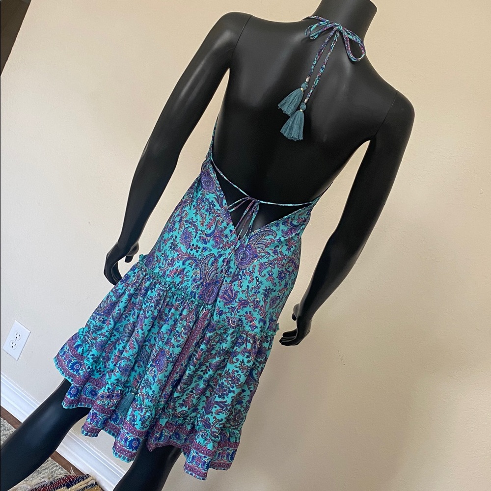 Sleeveless Teal Purple & Pink Silk Floral V-Neck Adjustable Size S M L Dress - Picture 8 of 15